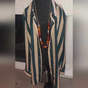 Women's "Only" Green and Cream Striped Blouse In Excellent Pre-loved Condition